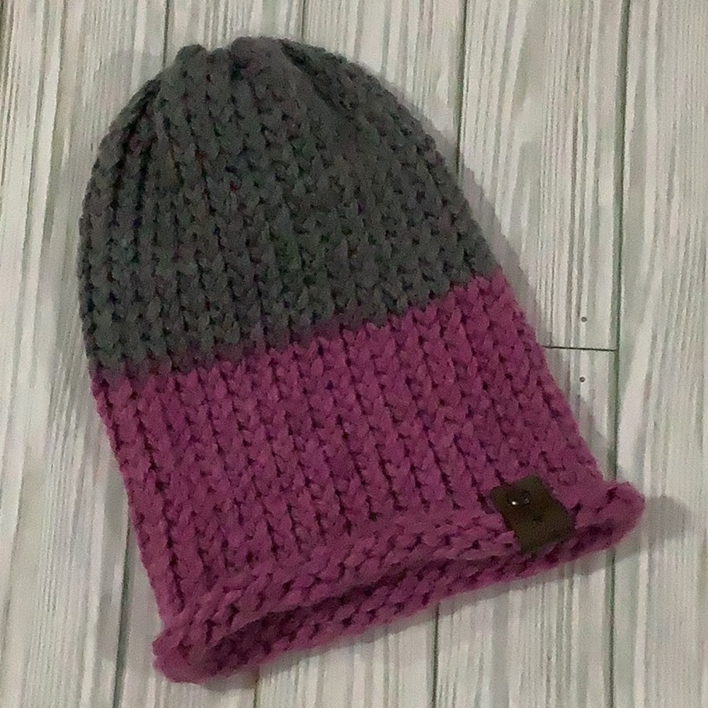 Handmade knitted purple gray winter hat